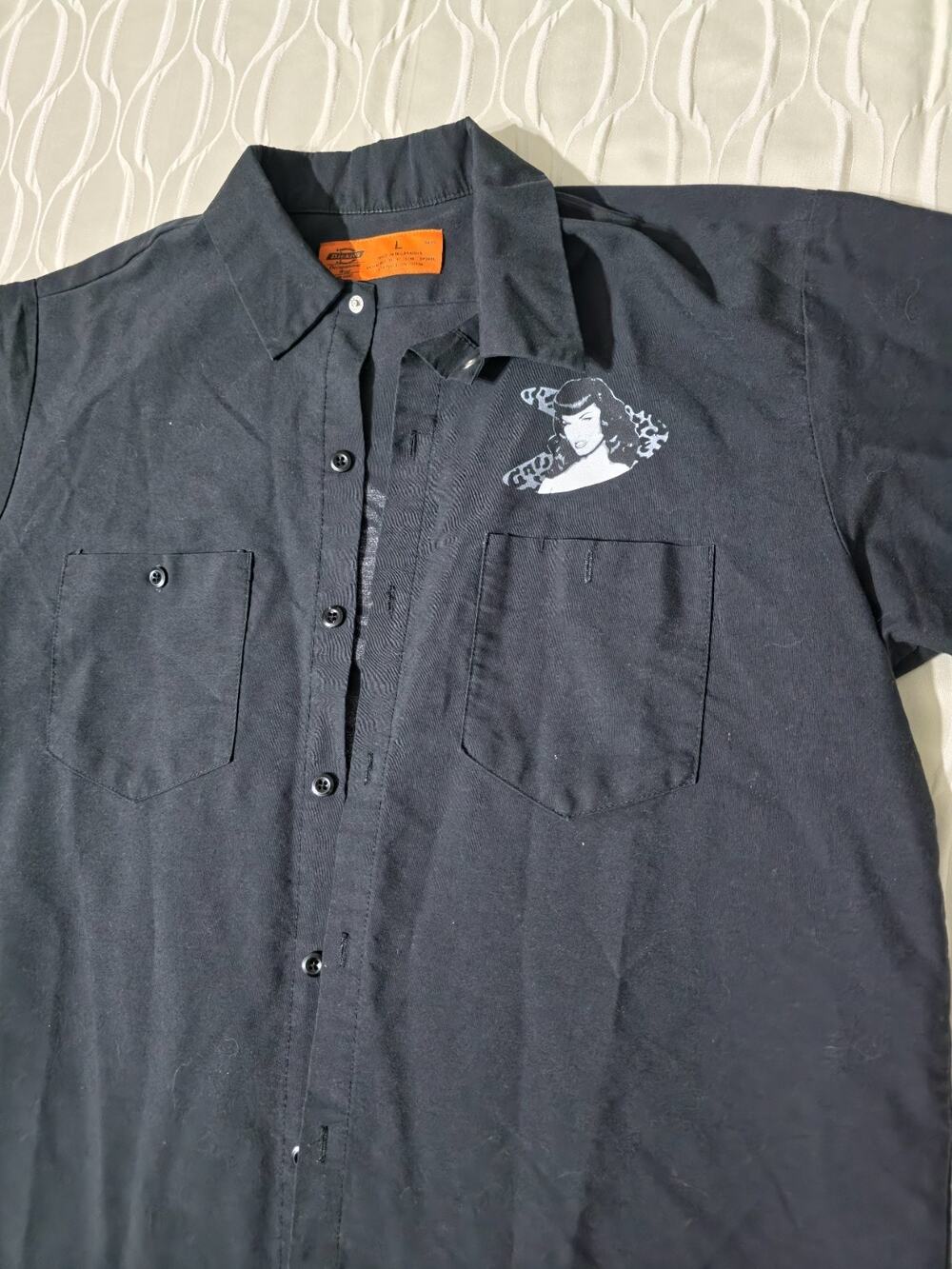 Vintage Bettie Page Dickies Shirt Men’s L Black Short Sleeve Button 90s Rare